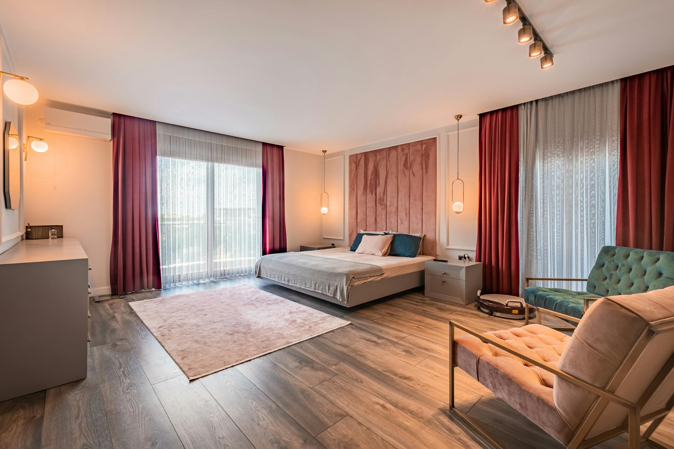 Warm bedroom interior with fitted air conditioning